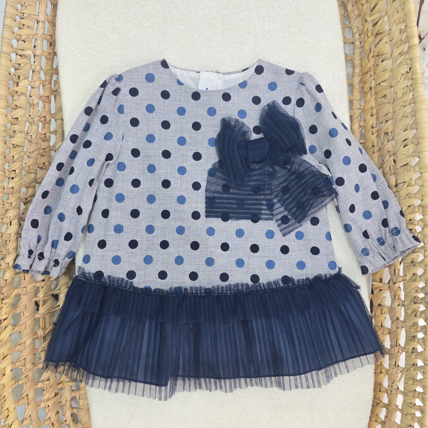 Vestido Gris con azul - bolitas y lazo azul 280144V