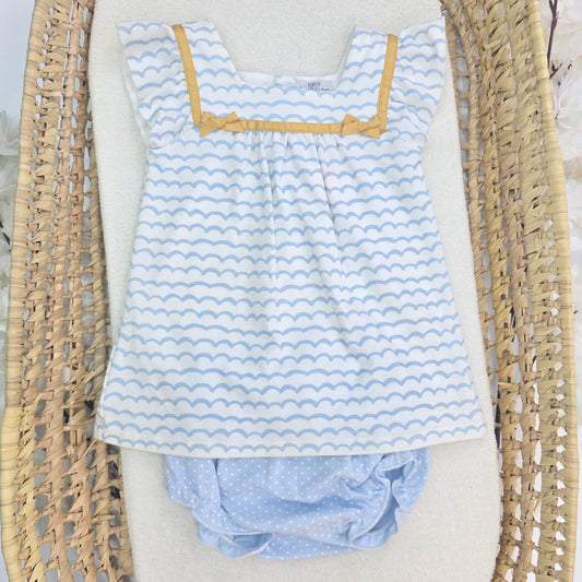 Conjunto blusa y bragas - blanco con azul y lacitos amarillos 24409