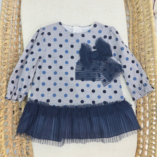 Vestido Gris con azul - bolitas y lazo azul 280144V